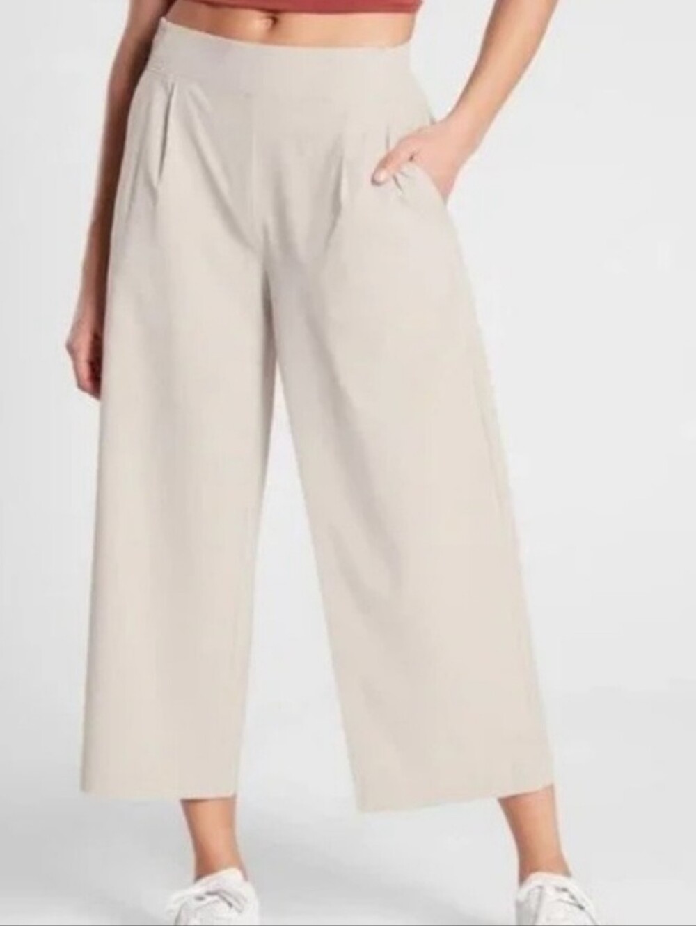 Athleta Size 10 Brooklyn Wide Leg Cropped Cream Elastic Waist Pants
